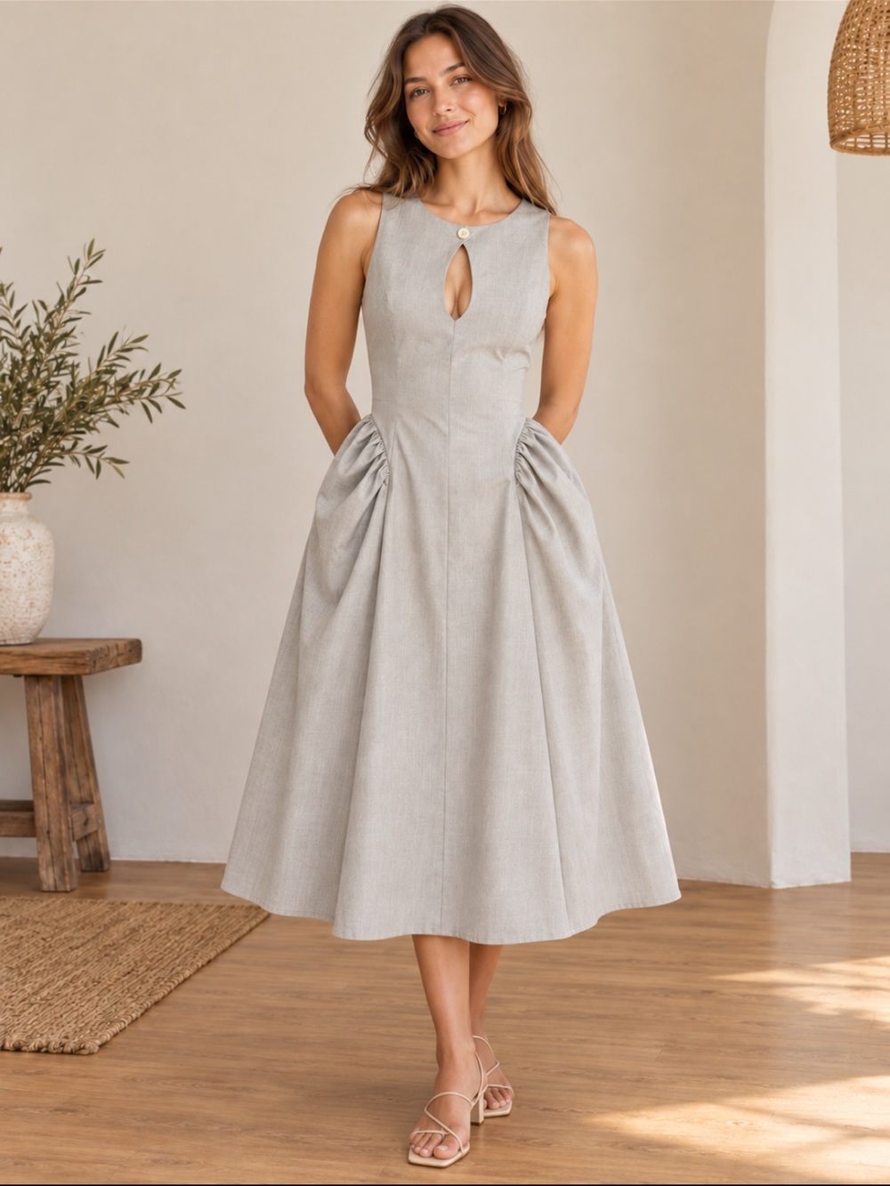 Gray Keyhole Midi Dress Size M Full Skirt Minimalist Cottagecore